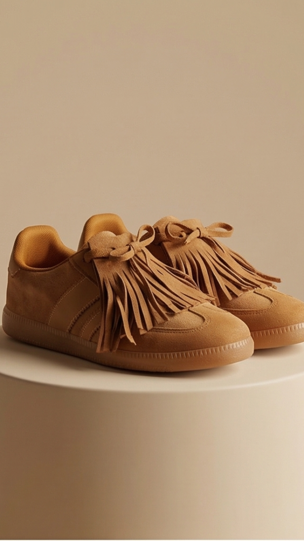 Beżowe Sneakersy z Frędzlami