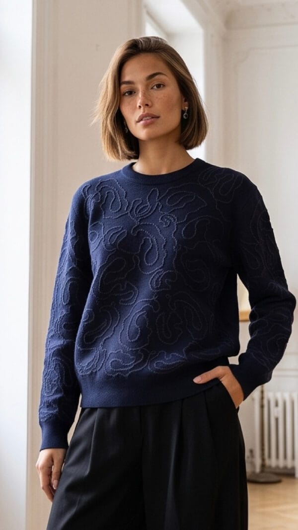 Sweter z wyszywanym wzorem- granat