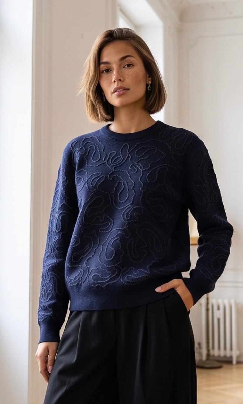 Sweter z wyszywanym wzorem- granat