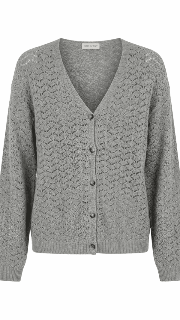Sweter damski z kaszmirem i wełną – ażurowy kardigan – szarość