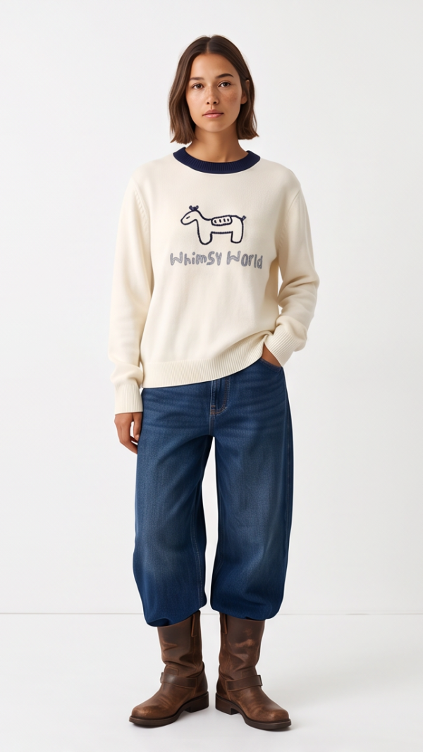 Sweter ecru z granatowymi detalami