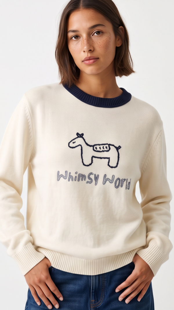 Sweter ecru z granatowymi detalami